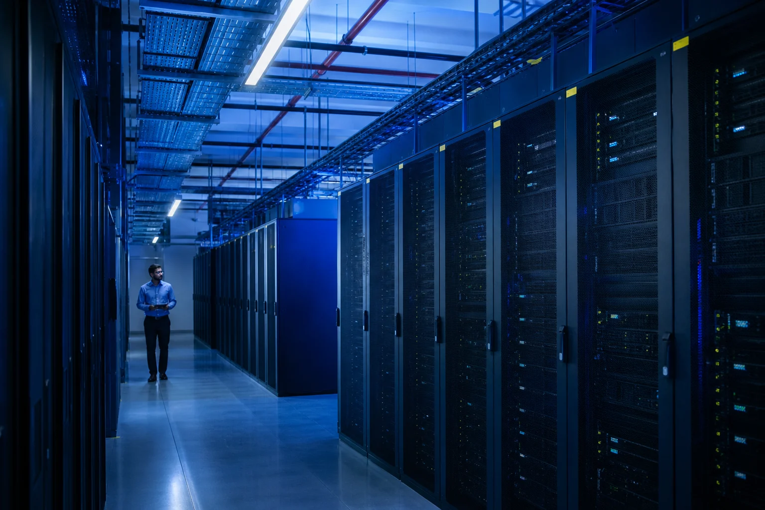 Engineer inspecting modular server infrastructure in a modern data centre