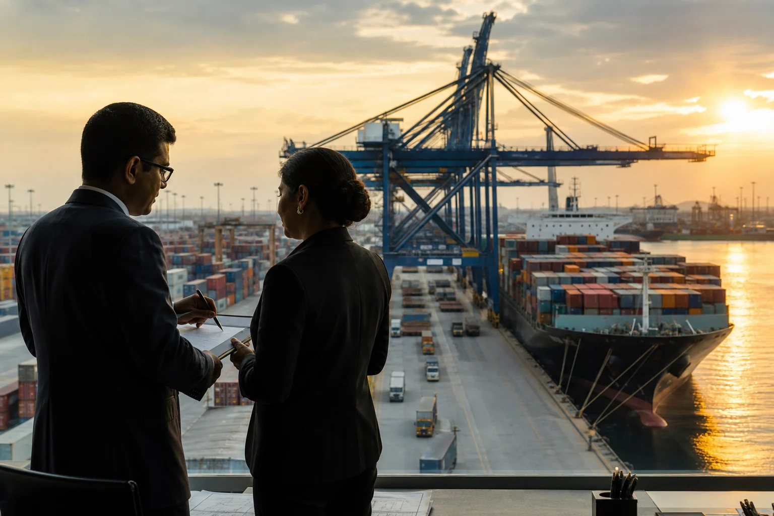 Trade professionals coordinating beside an international port