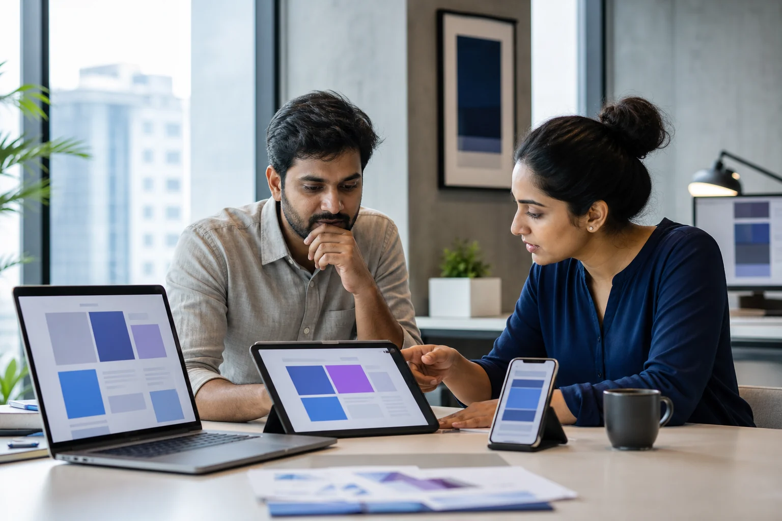 Digital product team reviewing a responsive experience across devices