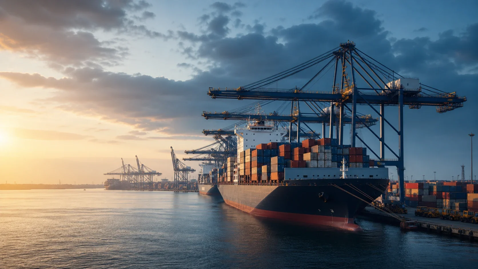 Cargo vessel and modern port representing KBNC Global Trade