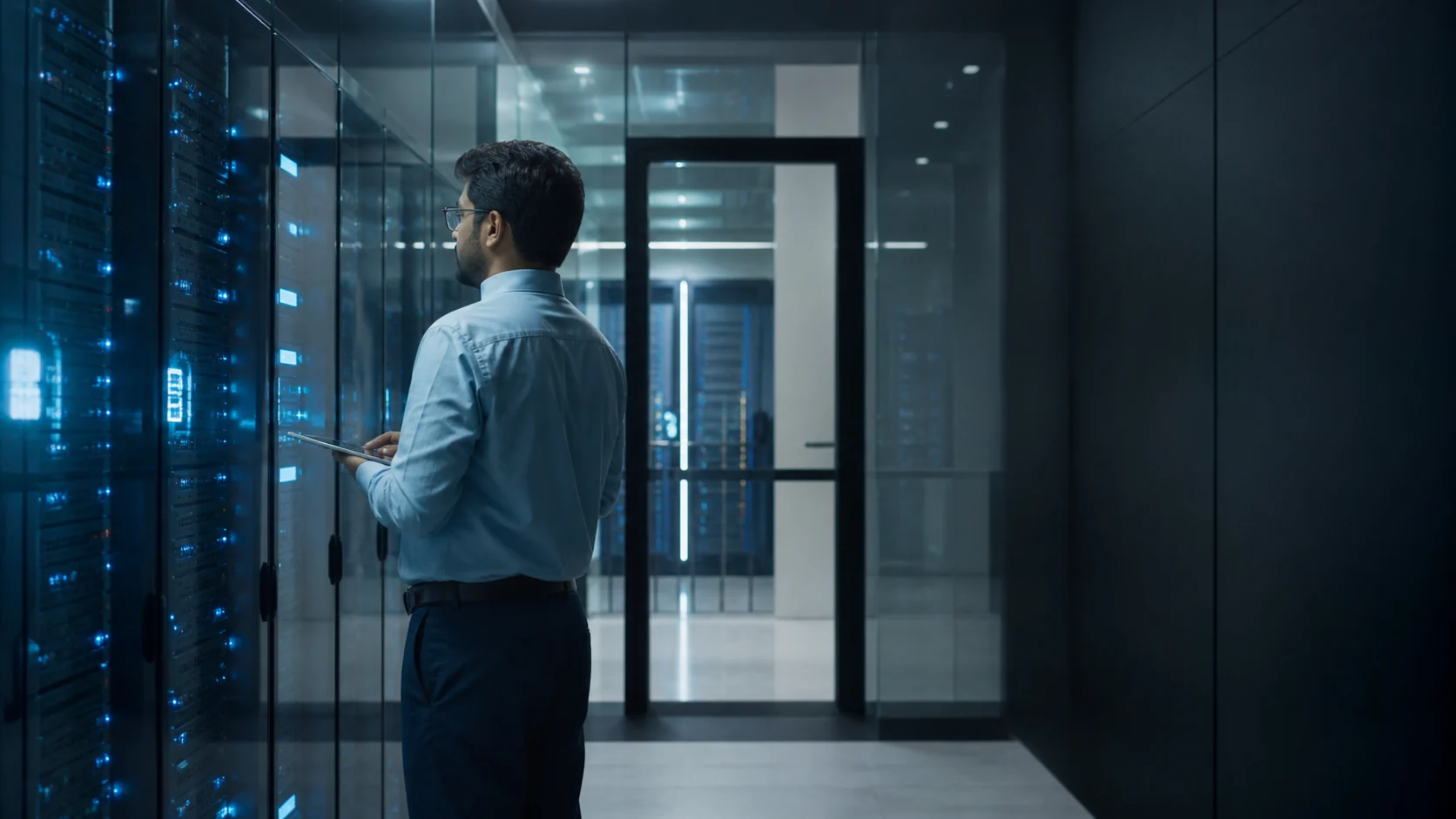 Technology professional reviewing secure enterprise infrastructure